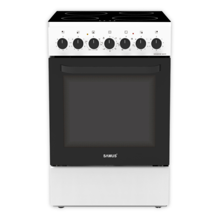 Aragaz total electric - Aragaz Electric 50×60 cm, 4 Zone Vitroceramice, Cuptor 60L, 7 Funcții, Clasa A, Alb – Grătar + Tavă Incluse