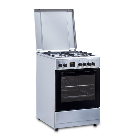 Aragaz mixt ( gaz si electric ) - Aragaz electric / gaz Samus SM663AENS Inox, 4 arzatoare pe gaz, 1 arzator Wok, cuptor electric, 7 functii, grill, ventilator, aprindere electrica plita, timer digital, Argintiu