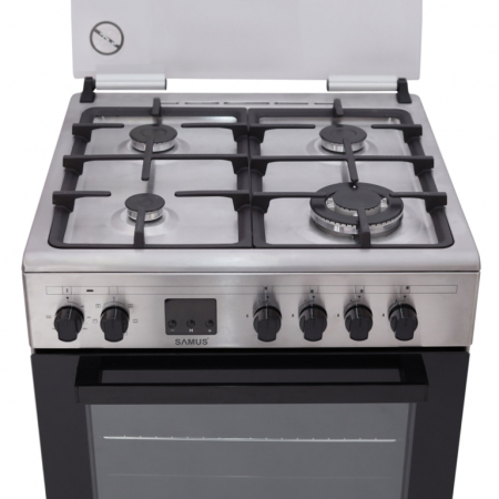Aragaz electric / gaz Samus SM663AENS Inox, 4 arzatoare pe gaz, 1 arzator Wok, cuptor electric, 7 functii, grill, ventilator, aprindere electrica plita, timer digital, Argintiu [1]