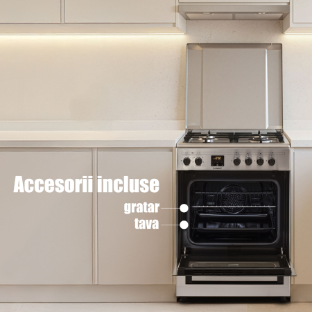 Aragaz electric / gaz Samus SM663AENS Inox, + diuze GPL, 4 arzatoare pe gaz, 1 arzator Wok, cuptor electric, 7 functii, grill, ventilator, aprindere electrica plita, timer digital, Argintiu [17]
