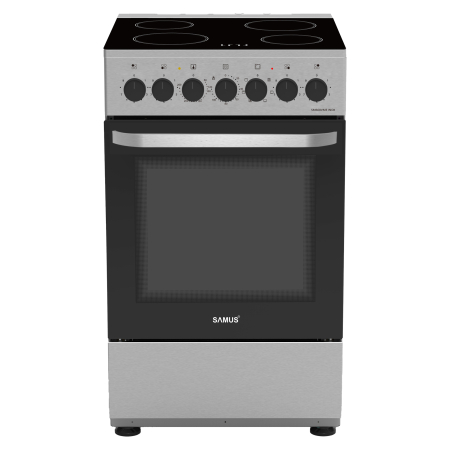 Aragaz total electric - Aragaz electric Samus SM664VTE INOX, Plita vitroceramica, 4 zone de gatit, 10 functii cuptor, Grill, Convectie 3D, 56 L, Timer