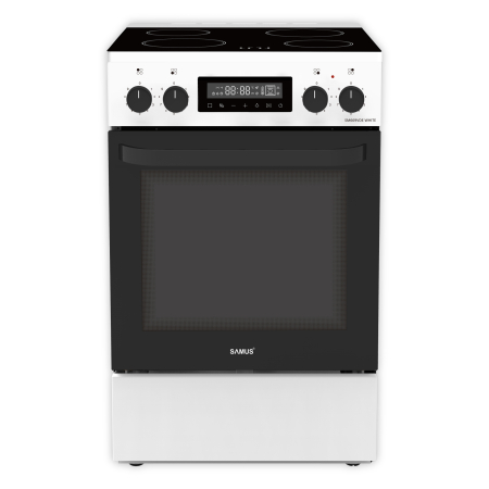 Aragaz total electric - Aragaz electric Samus SM669VDE 60x60 cm, vitroceramic, 4 zone gătit, cuptor 59L, 11 funcții, Touch Control, Timer digital, Clasa A, Alb
