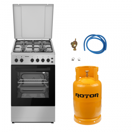 Aragazuri si plite - Pachet - Aragaz Heinner HFSC-S60LITGSL, Gaz, 4 arzătoare, Aprindere electrică, Timer, Grill, Lumina cuptor, Duze GPL incluse, Argintiu, 50x60 cm + Butelie GPL 26 L