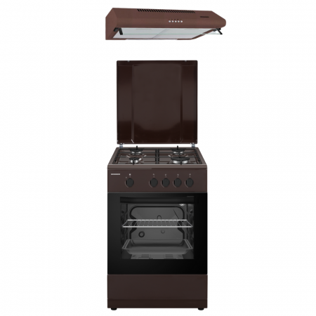 Aragaz pe gaz ( GPL ) - Pachet - Aragaz Heinner HFSC-SME50BRW, Gaz, 4 arzatoare, Dispozitiv siguranta plita si cuptor, 50 cm, Maro + Hota traditionala HEINNER CH-400-BRW