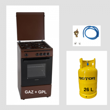 Aragaz pe gaz ( GPL ) - Aragaz Heinner HFSC-V50BRW, 4 arzatoare, Gaz, Dispozitiv de siguranta plita/cuptor, 50 cm, Maro + Butelie GPL 26 L