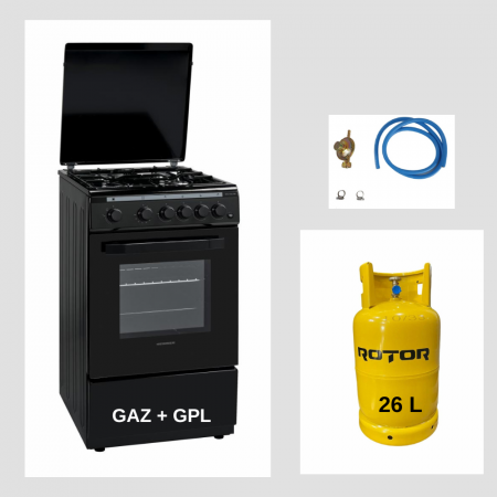 Aragazuri si plite - Aragaz Heinner, HFSC-V50LITBK, 4 arzatoare, Gaz + GPL, Aprindere electrica, Timer, 50 cm + Butelie GPL 26 L