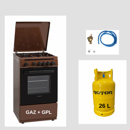 Aragazuri si plite - Aragaz Heinner HFSC-V50LITBRW, 4 arzatoare, Gaz + GPL, Aprindere electrica, Timer, 50 cm, Maro + Butelie GPL 26 L
