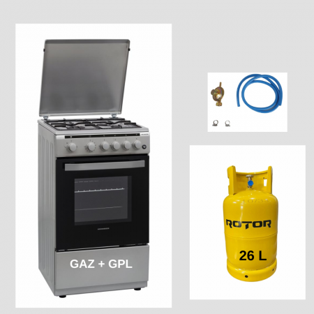 Aragazuri si plite - Aragaz Heinner HFSC-V50LITGSL, 4 arzatoare, Gaz + GPL, Aprindere electrica, Timer, Grill, 50 cm, Argintiu + Butelie GPL 26 L