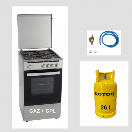 Aragaz pe gaz ( GPL ) - Aragaz Heinner HFSC-V50SL, 4 arzatoare, Gaz, Dispozitiv de siguranta plita/cuptor, 50 cm, Silver + Butelie GPL 26 L