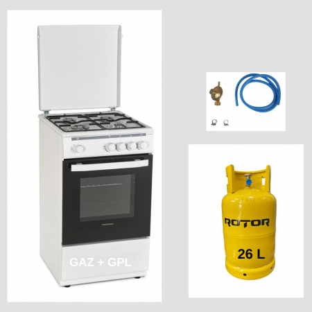 Aragaz pe gaz ( GPL ) - Aragaz Heinner HFSC-V50WH, 4 arzatoare, Gaz, Dispozitiv de siguranta plita/cuptor, 50 cm, Alb + Butelie GPL 26 L