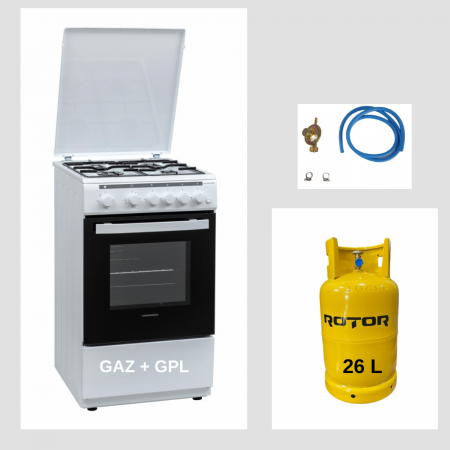 Aragaz pe gaz ( GPL ) - Aragaz Heinner HFSC-V60LITGRWH, 4 arzatoare, Gaz + GPL, Aprindere electrica, Timer, Grill, Rotisor, 60 cm, Alb + Butelie GPL 26 L