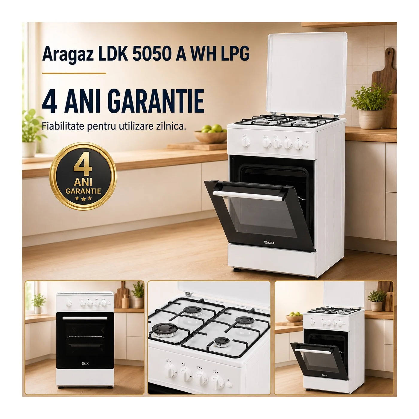 Aragaz LDK 5050 A WH RMV LPG, Gaz, 4 Arzatoare, Aprindere electrica, Capac metalic, 50 x 50 cm, Alb [5]