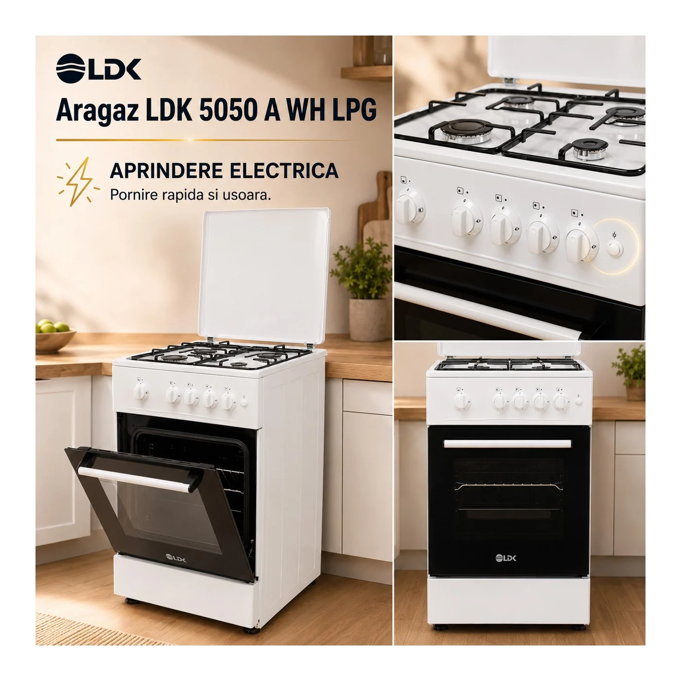 Aragaz LDK 5050 A WH RMV LPG, Gaz, 4 Arzatoare, Aprindere electrica, Capac metalic, 50 x 50 cm, Alb [3]