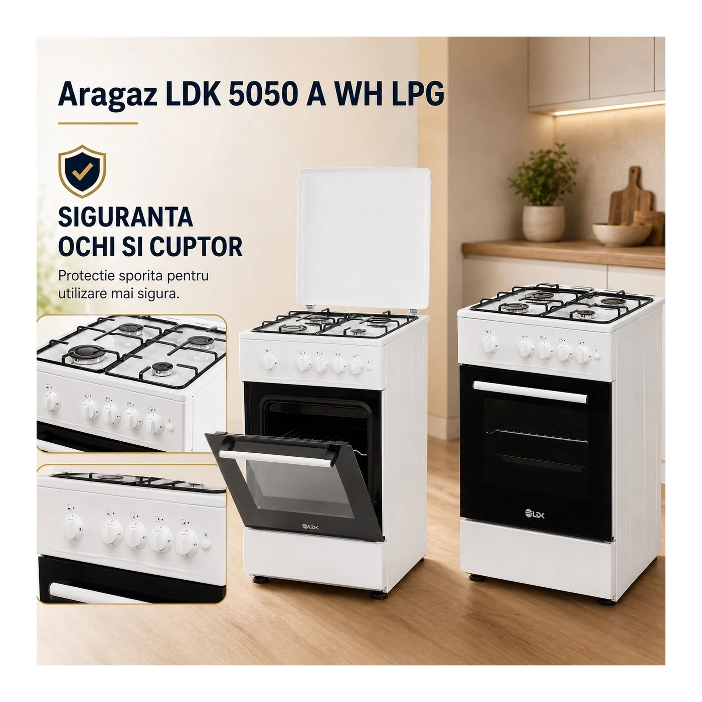 Aragaz LDK 5050 A WH RMV LPG, Gaz, 4 Arzatoare, Aprindere electrica, Capac metalic, 50 x 50 cm, Alb [6]