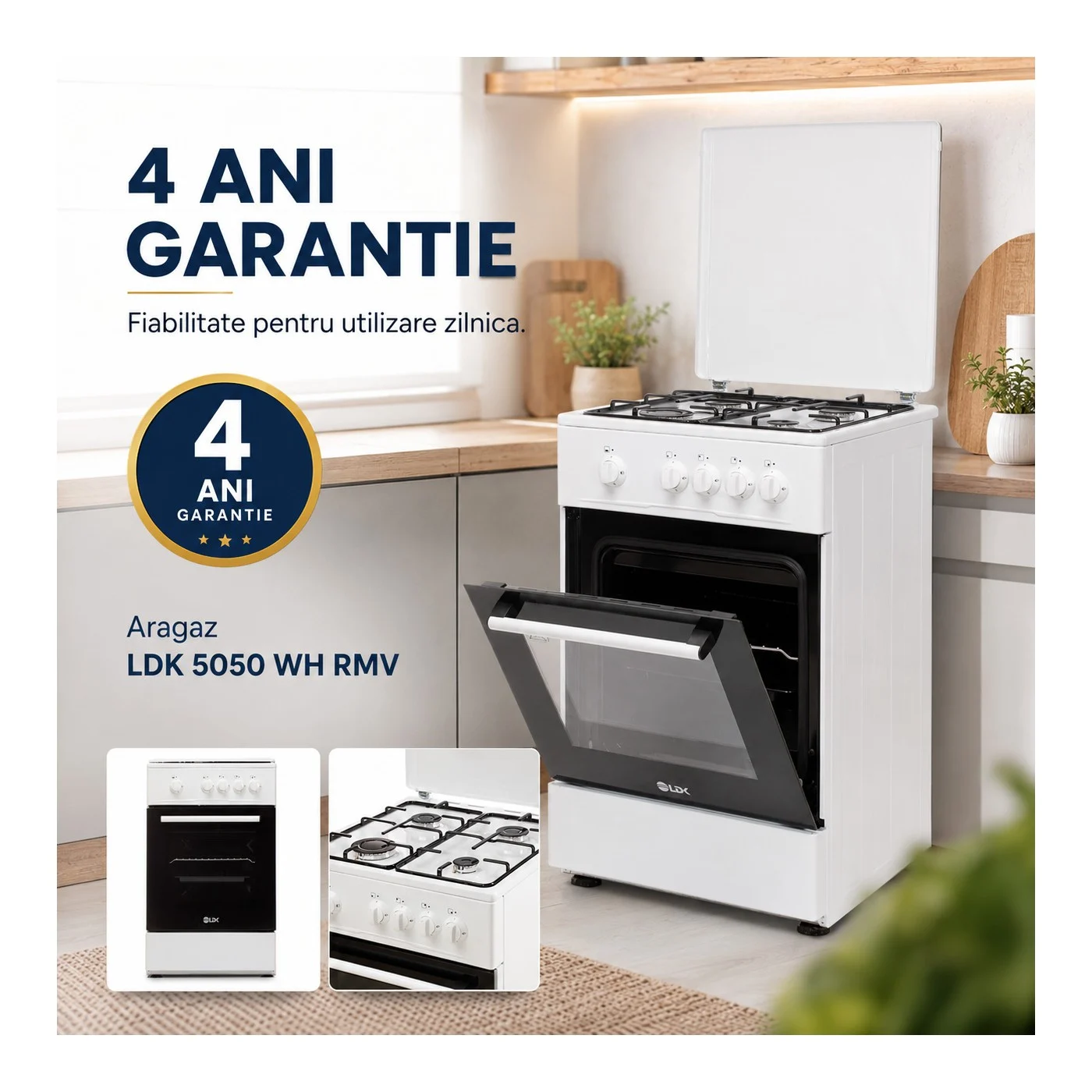 Aragaz LDK 5050 WH RMV, Gaz, 4 Arzătoare, Cuptor pe Gaz 54L, Siguranță Plită și Cuptor, Capac Metalic, Grătare Emailate, 50 x 50 cm, Alb [4]