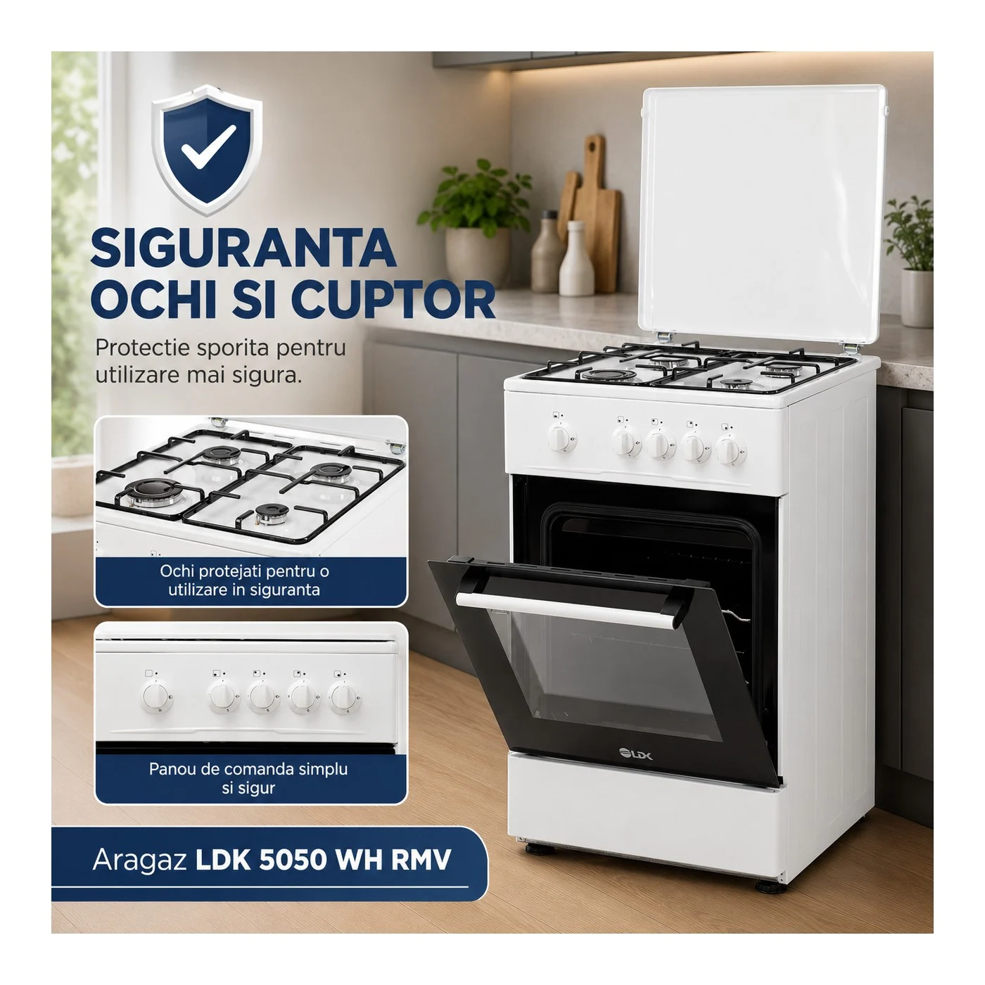 Aragaz LDK 5050 WH RMV, Gaz, 4 Arzătoare, Cuptor pe Gaz 54L, Siguranță Plită și Cuptor, Capac Metalic, Grătare Emailate, 50 x 50 cm, Alb [5]