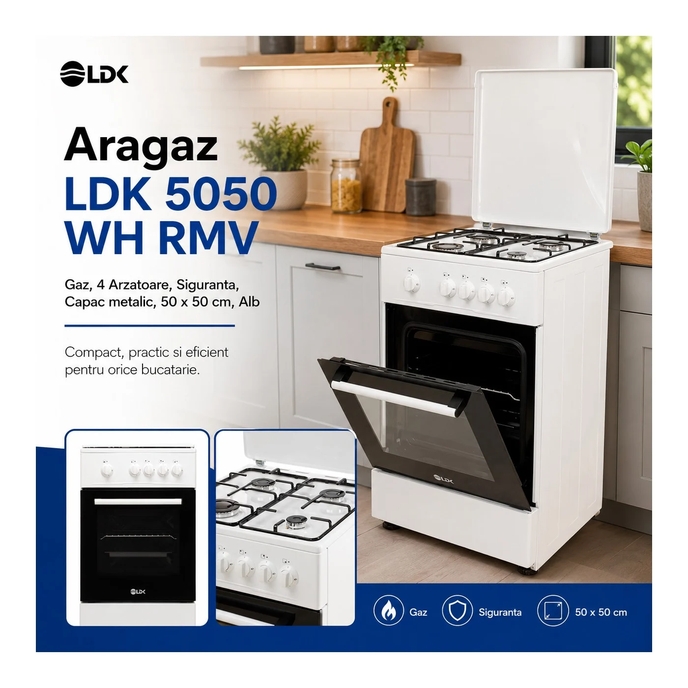 Aragaz LDK 5050 WH RMV, Gaz, 4 Arzătoare, Cuptor pe Gaz 54L, Siguranță Plită și Cuptor, Capac Metalic, Grătare Emailate, 50 x 50 cm, Alb [3]
