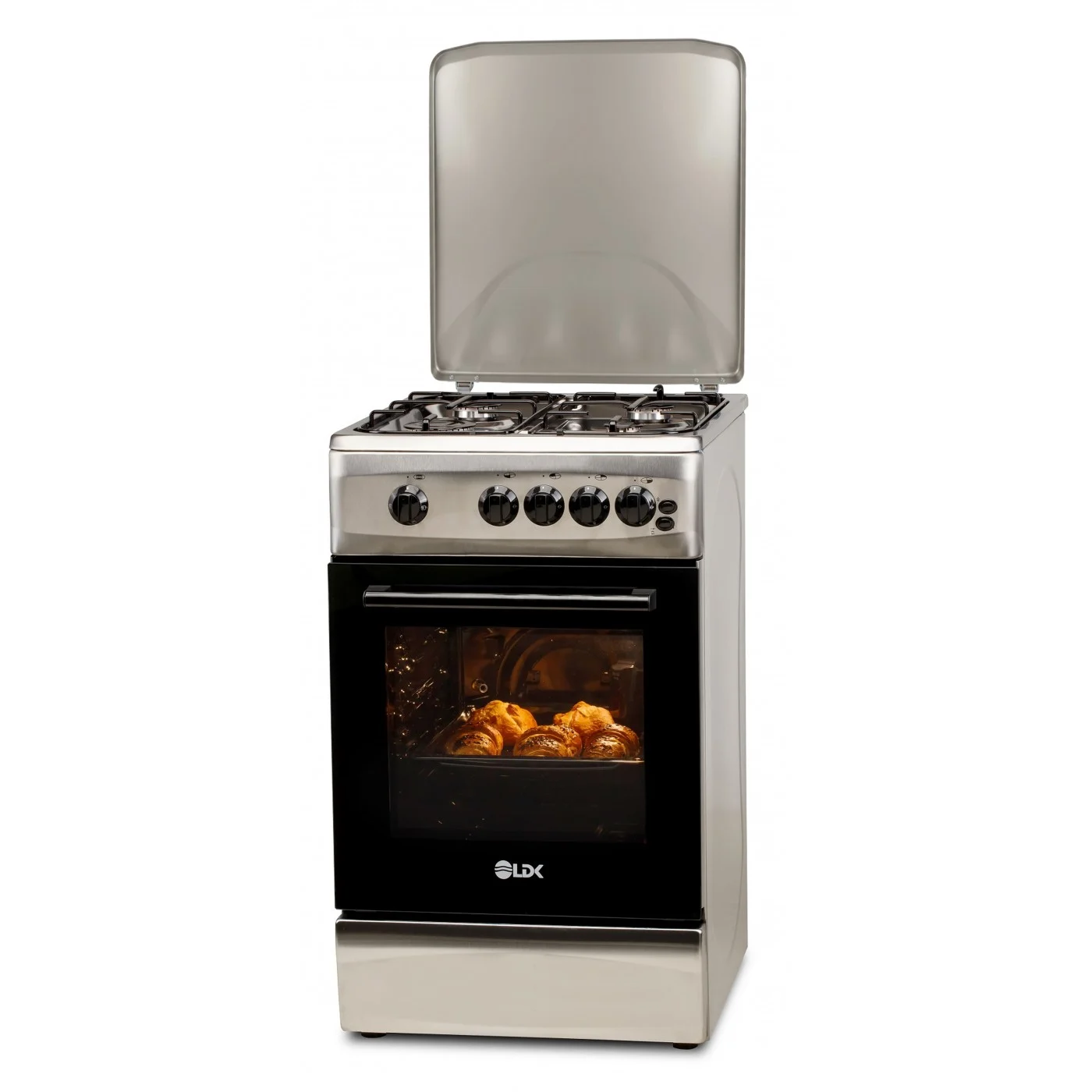 Aragazuri si plite - Aragaz LDK 5060 GRAI IX RMV, 4 Arzatoare, Siguranta, Grill, Rotisor, Iluminare, Capac metalic, 50 x 60 cm, Inox