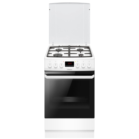 Marelvi - Aragaz mixt Hansa, cuptor electric, 50 cm, 4 arzatoare, display, 8 functii, grill, ventilator, aprindere electrica, siguranta, gratare fonta, sertar depozitare, capac email, 62 L, clasa A, alb