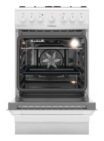 Aragaz mixt Hansa, cuptor electric, 50 cm, 4 arzatoare, programator, 8 functii, grill, ventilator, aprindere electrica, siguranta, capac email, sertar depozitare, 62 L, clasa A, alb [1]