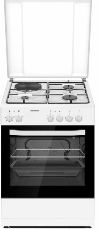 Aragazuri si plite - Aragaz mixt Heinner HFSC-S60E1HSWH, 3 arzatoare gaz + 1 plita electrica, cuptor electric, clasa A, grill, 60x60cm, alb