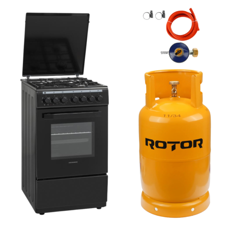 Aragaz mixt ( gaz si electric ) - Aragaz Mixt Heinner HFSC-V60LITGC-BK, 50x60cm, 4 arzatoare, Aprindere electrica plita, Cuptor electric, 6 functii, Culoare Negru + Butelie GPL 26 L