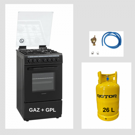 Aragazuri si plite - Aragaz Mixt Heinner HFSC-V60LITGC-BK, 50x60cm, 4 arzatoare, Aprindere electrica plita, Cuptor electric, 6 functii, Culoare Negru + Butelie GPL 26 L