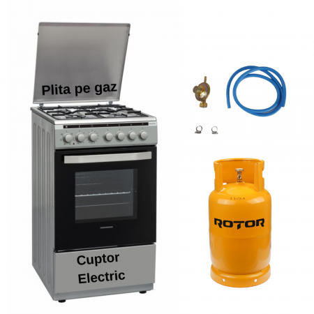 Aragaz pe gaz ( GPL ) - Aragaz mixt Heinner HFSC-V60LITGC-SL, 4 arzatoare gaz, Dispozitiv de siguranta plita, Aprindere electrica, GPL + GAZ, Cuptor electric, Timer, Grill, Clasa A, 50 cm, Argintiu + Butelie GPL 26 L
