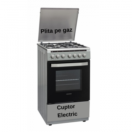 Aragazuri si plite - Aragaz mixt Heinner HFSC-V60LITGC-SL, 4 arzatoare gaz, Dispozitiv de siguranta plita, Aprindere electrica, GPL + GAZ, Cuptor electric, Timer, Grill, Clasa A, 50 cm, Argintiu