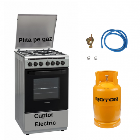 Butelie camping - Aragaz mixt Heinner HFSC-V60LITGC-SS, 4 arzatoare gaz, Dispozitiv de siguranta plita, Aprindere electrica, GPL + GAZ, Cuptor electric, Timer, Grill, Clasa A, 50 cm + Butelie GPL 26 L