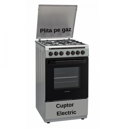 Aragazuri si plite - Aragaz mixt Heinner HFSC-V60LITGC-SS, 4 arzatoare gaz, Dispozitiv de siguranta plita, Aprindere electrica, GPL + GAZ, Cuptor electric, Timer, Grill, Clasa A, 50 cm, Inox