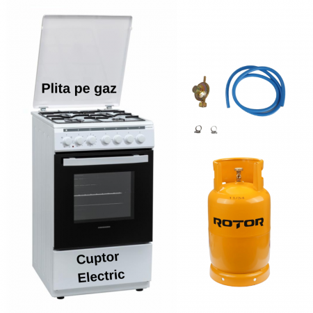 Aragazuri si plite - Aragaz mixt Heinner HFSC-V60LITGC-WH, 4 arzatoare gaz, Dispozitiv de siguranta plita, Aprindere electrica, Cuptor electric, GPL + GAZ, Timer, Grill, Clasa A, 50 cm, Alb + Butelie GPL 26 L