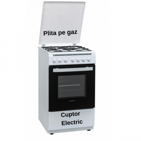 Aragaz mixt ( gaz si electric ) - Aragaz mixt Heinner HFSC-V60LITGC-WH, 4 arzatoare gaz, Dispozitiv de siguranta plita, Aprindere electrica, Cuptor electric, GPL + GAZ, Timer, Grill, Clasa A, 50 cm, Alb