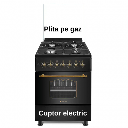 Aragazuri si plite - Aragaz mixt rustic cu 4 arzatoare gaz, Cuptor electric, 57x57cm, Alma Retro, Diuze GPL, Negru, Rotisor, Ventilator, Aprindere electrica