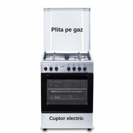 Aragaz mixt ( gaz si electric ) - Aragaz Mixt Samus SM662AENS1, 4 Arzătoare Gaz, Arzător WOK, Cuptor Electric 56L, 7 Funcții, Grill, Timer, Inox