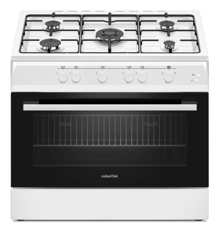 Marelvi - Aragaz Nobeltek, 60x90cm, plita gaz cu 5 ochiuri(arzator mare triplu), cuptor gaz (102l), aprindere electrica, grill, iluminare cuptor, echipat cu diuze GN, diuze GPL de schimb, alb