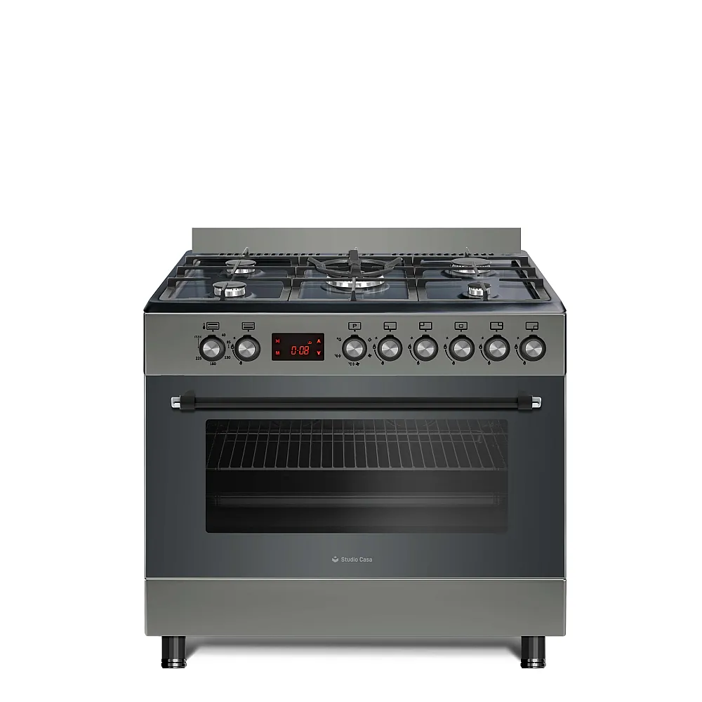 Aragaz mixt ( gaz si electric ) - Aragaz pe gaz 90 cm Nando Graphite Grey Studio Casa, 5 zone de gatit, Gaz, Wok, Cuptor gaz, Rotisor, Timer digital, Grill electric, Aprindere electrica, Clasa energetica A, Gri