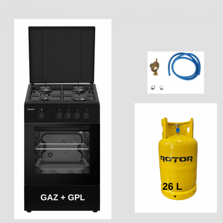 Aragaz pe gaz ( GPL ) - Aragaz pe gaz Heinner HFSC-SME50BK, 50X50 cm, 4 arzatoare, suport email, capac metalic, usa cuptor cu geam dublu, duze GPL incluse + Butelie GPL 26 L