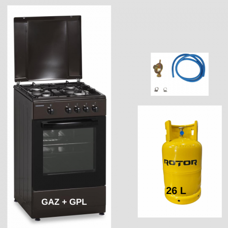 Aragaz pe gaz ( GPL ) - Aragaz pe gaz Heinner HFSC-SME50BRW, 50X50 cm, 4 arzatoare, usa cuptor cu geam dublu, duze GPL incluse + Butelie GPL 26 L