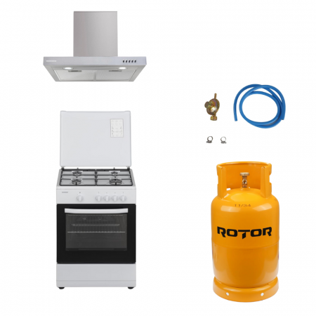 Aragazuri si plite - Pachet - Aragaz pe Gaz Heinner HFSC-SME60WH, 4 Arzătoare, Dispozitiv Siguranță Plită și Cuptor, Capac Metalic, Duze GPL Incluse, Alb, 60x55 cm + Hota HEINNER HDCH-360TSS + Butelie 26 L