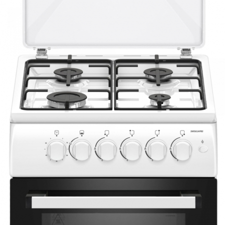 Aragaz pe gaz Samus SM561APBS, 4 arzatoare, cuptor pe gaz, aprindere electrica plita, dispozitiv siguranta plita si cuptor, geam dublu la cuptor, timer mecanic, capac metalic, Alb [1]