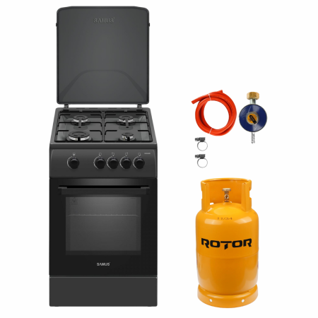 Aragaz pe gaz ( GPL ) - Pachet - Aragaz pe gaz Samus SM561BBS, 4 arzatoare, cuptor pe gaz, geam dublu la cuptor, Antracit + Butelie GPL 26L, Ceas Regulator, Furtun și 2 Coliere