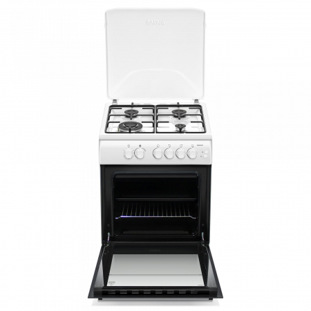 Aragaz pe gaz Samus SM664APGS, 4 arzatoare, cuptor pe gaz, 1 arzator Wok, aprindere electrica, dispozitiv siguranta plita si cuptor, timer, grill, Alb [1]