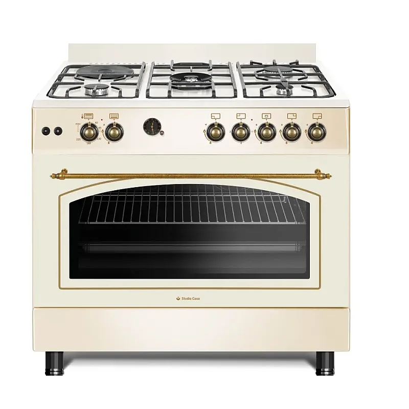 Aragazuri si plite - Aragaz rustic 4 arzatoare gaz + 1 ochi electric, Cuptor gaz, Studio Casa Avena, FE90/60, rotisor, grill, gratare fonta