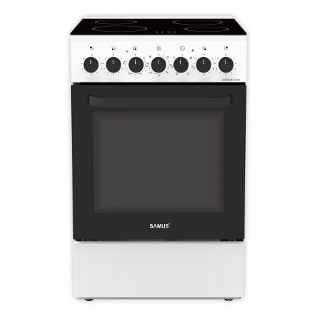 Aragaz total electric - Aragaz Samus SM668VME White 60×60 cm, Full Electric, 4 Zone Vitroceramice, Cuptor 60L, 7 Funcții, Clasa A, Alb
