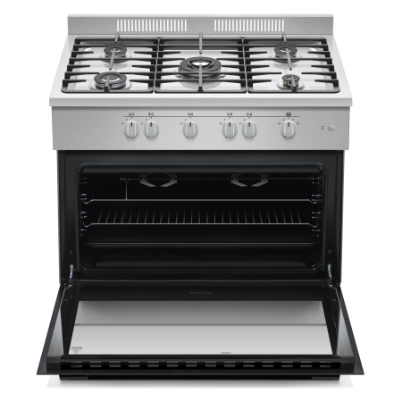 Aragaz semi-profesional Nobeltek, plita gaz cu 5 ochiuri(arzator mare triplu), cuptor gaz (102l), aprindere electrica, grill, iluminare cuptor, rotisor, gratare fonta, Inox [1]