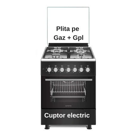 Aragazuri si plite - Aragaz Studio Casa BRUNO, 4 arzătoare gaz, cuptor electric, 57x57 cm, rotisor, ventilator, aprindere electrică, grătare fontă, negru/inox