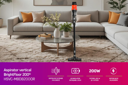 Aspirator vertical Heinner Brightfloor 200 HSVC-MBDB200OR, 200w, 3 viteze, Sistem multiciclonic, Filtru hepa, Perie electrica cu lumini LED, Negru/Rosu [16]