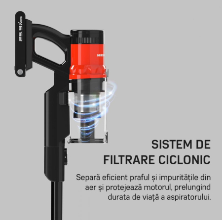 Aspirator vertical Heinner Brightfloor 200 HSVC-MBDB200OR, 200w, 3 viteze, Sistem multiciclonic, Filtru hepa, Perie electrica cu lumini LED, Negru/Rosu [9]