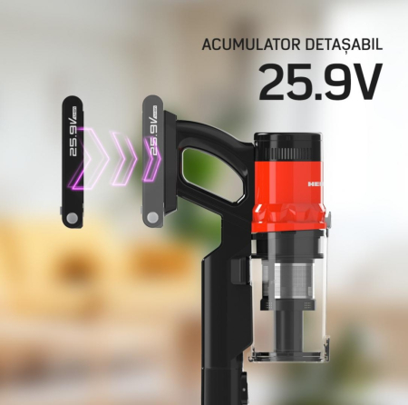 Aspirator vertical Heinner Brightfloor 200 HSVC-MBDB200OR, 200w, 3 viteze, Sistem multiciclonic, Filtru hepa, Perie electrica cu lumini LED, Negru/Rosu [14]